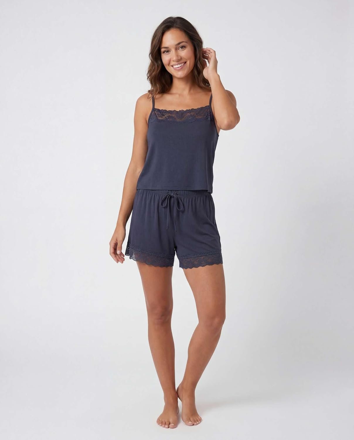 2-Pack Ladies Lace Trim Camisole Short Sleep Ensemble, Soft Drawstring Night Pajamas, Cute Indoor Rest Loungewear