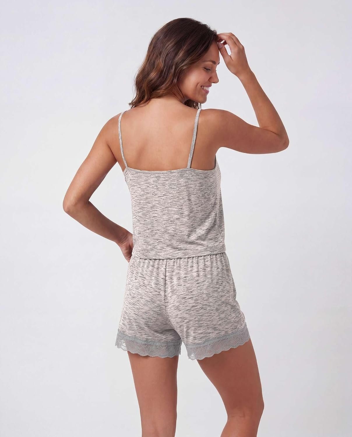 2-Pack Ladies Lace Trim Camisole Short Sleep Ensemble, Soft Drawstring Night Pajamas, Cute Indoor Rest Loungewear