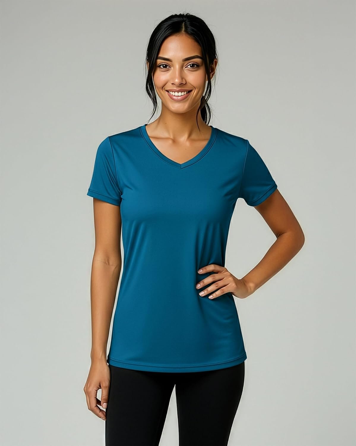 5-Pack Women’s Short-Sleeve V-Neck Dry-Fit Sport Tops, Sweat-Wicking Yoga & Training Tees, Available in Extended Plus Sizes