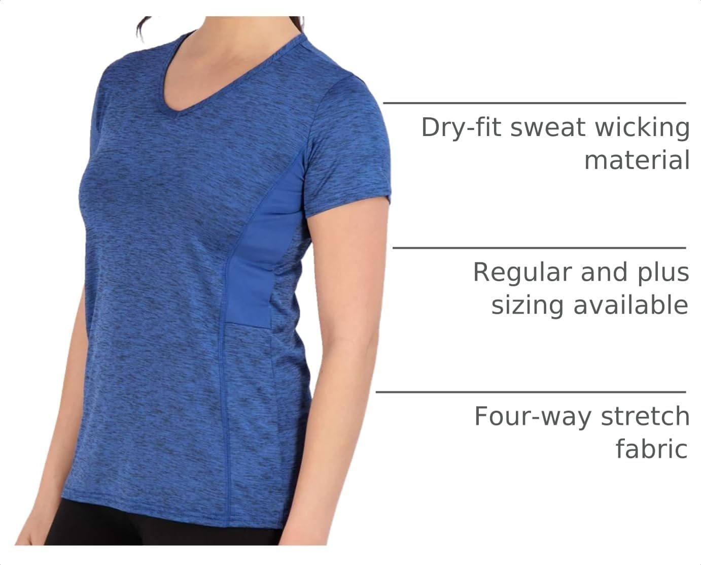 5-Pack Women’s V-Neck Dry-Fit Short-Sleeve Training Tops, Breathable Yoga Workout Tees, Selection Includes Plus-Size Sizing