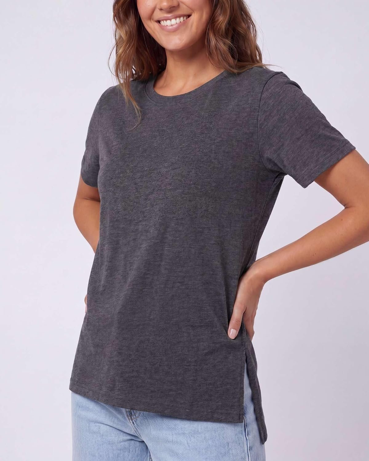 3-Pack Cotton Short-Sleeve Split-Hem Tees for Women, Elastic Side-Slit Crew-Neck Tops, Casual-Use Shirts Suitable for Spring-Summer