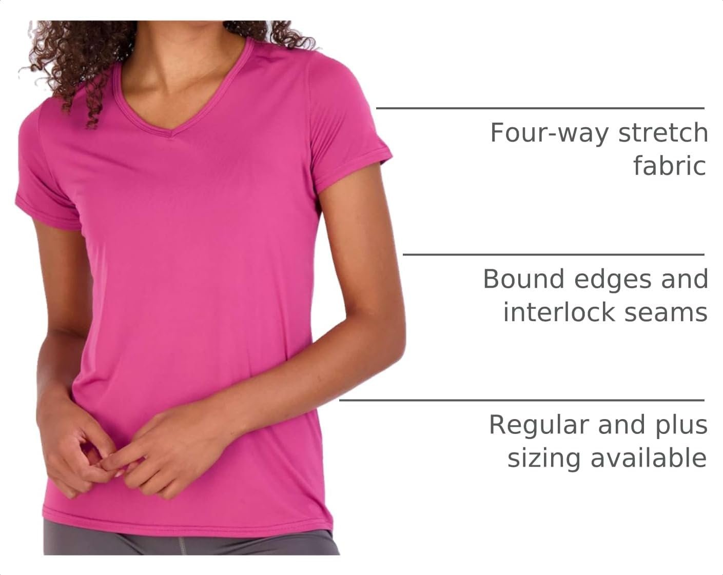 5-Pack Women’s Short-Sleeve V-Neck Dry-Fit Sport Tops, Sweat-Wicking Yoga & Training Tees, Available in Extended Plus Sizes
